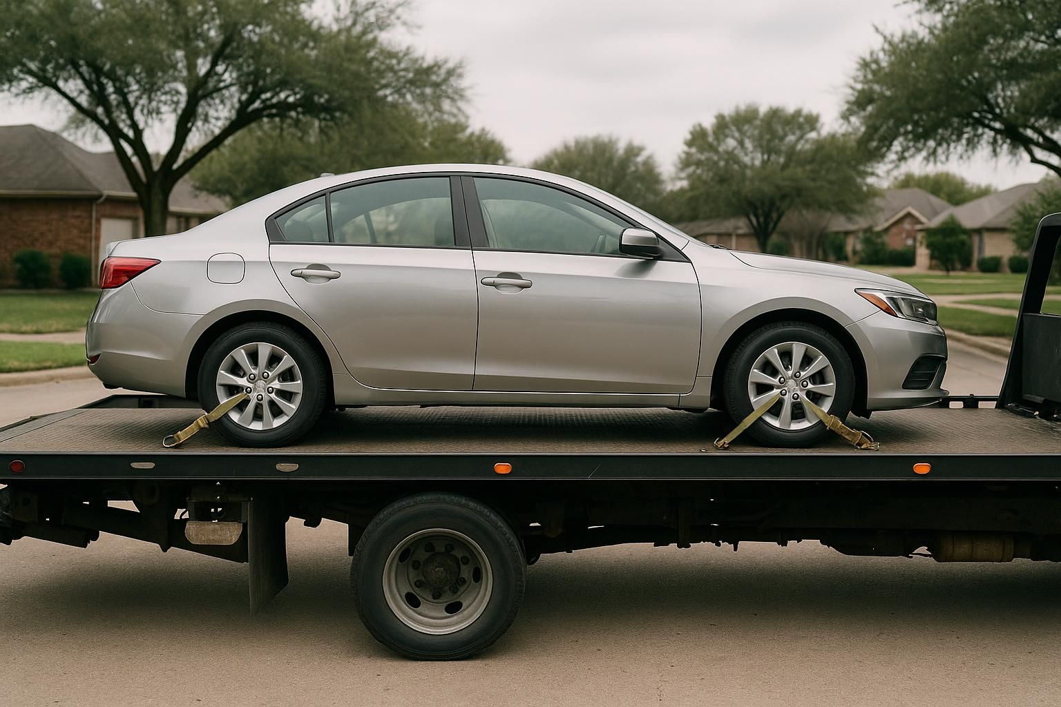 A car secured on a flatbed tow truck deck with wheel straps on a Dallas street